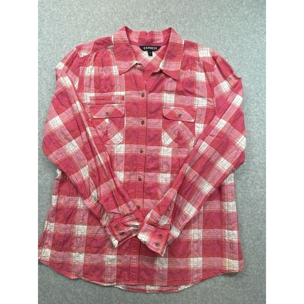 Express Shirt Womens Size‎ Large Plaid Cotton Blend Pink Casual Work Ofice Beach